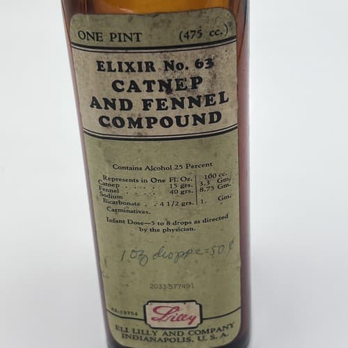 RARE Vintage Lilly Catnep & Fennel Compound #63 Amber Medicine Bottle EMPTY - Thumbnail 2