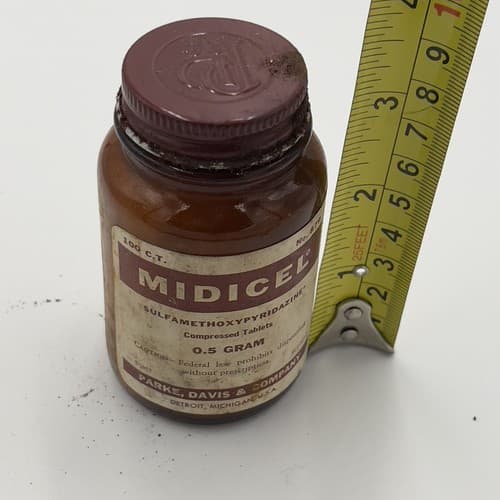 Rare MIDICEL Sulfamethoxypyridazine Parke Davis Amber Medicine Bottle EMPTY - Thumbnail 4