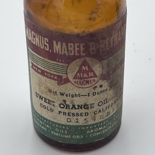 Vintage Magnus, Mabee & Reynard Expressed Sweet Orange Oil Bottle Some Content - Thumbnail 2