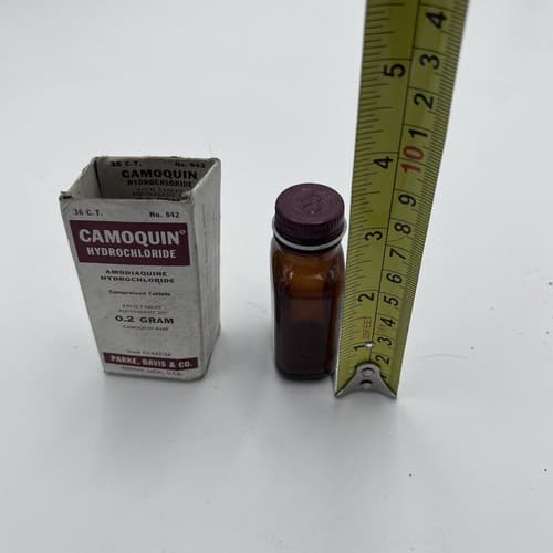 RARE Camoquin Parke Davis Malarial Amber Glass Medicine Bottle EMPTY - Thumbnail 4