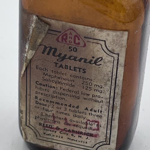 RARE Vintage Myanil Mephenesin Amber 4" Bottle with label EMPTY for DISPLAY - Thumbnail 2