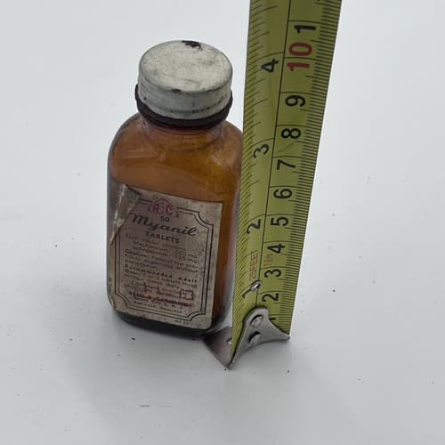 RARE Vintage Myanil Mephenesin Amber 4" Bottle with label EMPTY for DISPLAY - Thumbnail 5