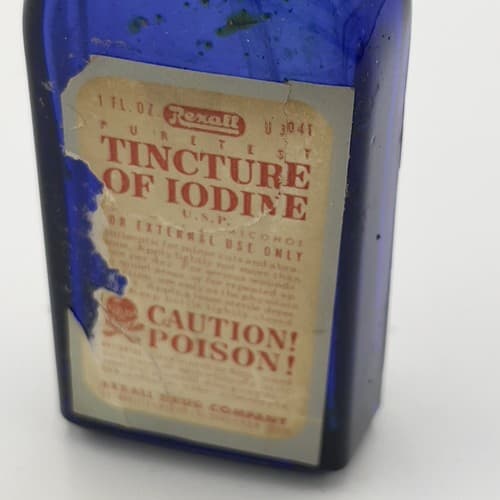 RARE Cobalt Blue Rexall Tincture of Iodine Antique Poison Bottle bottle EMPTY - Thumbnail 3