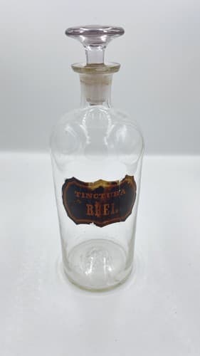 Early Label Late 1800's Apothecary Bottle W/Label Hand Blown Tinctura 10"