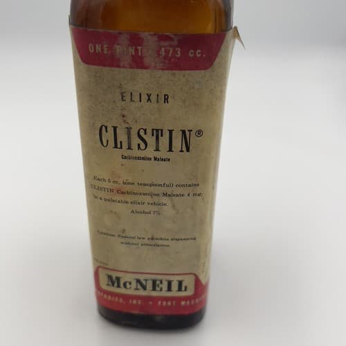 RARE Vintage Mc Neil CLISTIN Carbinoxamine Amber bottle EMPTY, no contents - Thumbnail 2