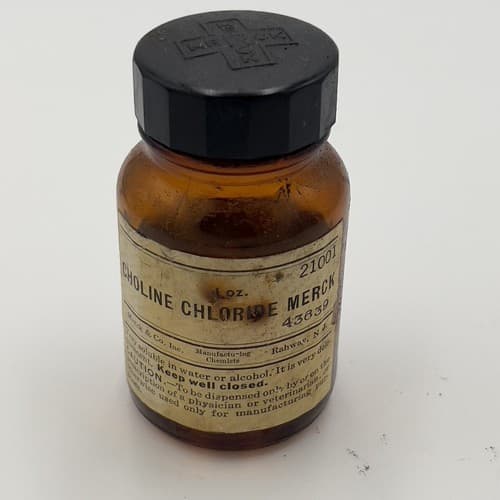 Rare 1950's MERCK Choline Chloride Amber Medicine Bottle EMPTY 3"