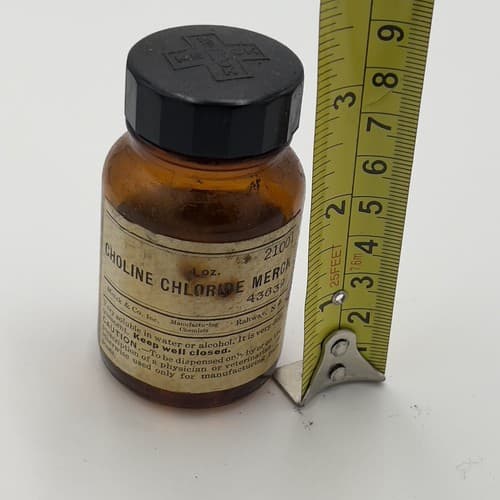 Rare 1950's MERCK Choline Chloride Amber Medicine Bottle EMPTY 3" - Thumbnail 5