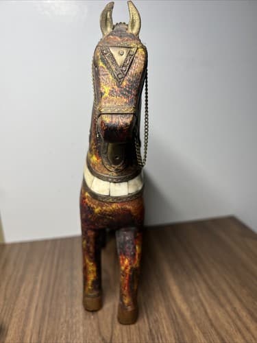 Antique Hand Carved Wooden Horse Hammered Brass Inlay 8” Tall - Thumbnail 4