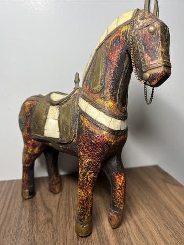 Antique Hand Carved Wooden Horse Hammered Brass Inlay 8” Tall - Thumbnail 3