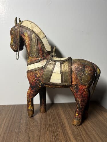 Antique Hand Carved Wooden Horse Hammered Brass Inlay 8” Tall - Thumbnail 2