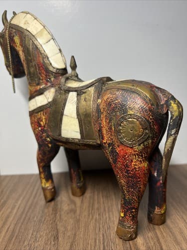 Antique Hand Carved Wooden Horse Hammered Brass Inlay 8” Tall - Thumbnail 6