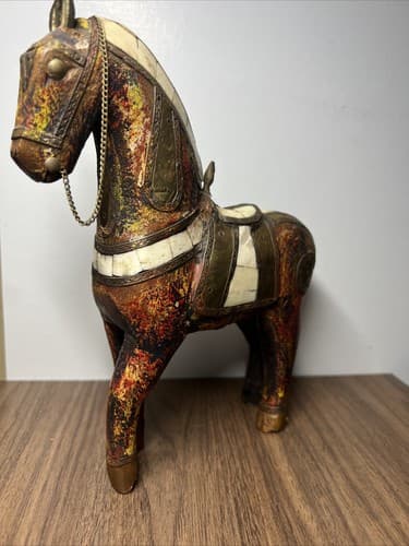 Antique Hand Carved Wooden Horse Hammered Brass Inlay 8” Tall - Thumbnail 5