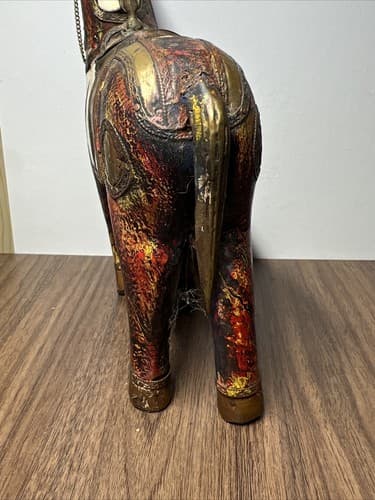 Antique Hand Carved Wooden Horse Hammered Brass Inlay 8” Tall - Thumbnail 9