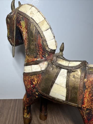 Antique Hand Carved Wooden Horse Hammered Brass Inlay 8” Tall - Thumbnail 7