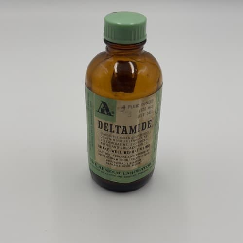 Vintage Bottle Amber Pharmacy DELTAMIDE Sulfadiazine The Armour labs EMPTY