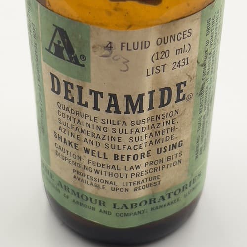 Vintage Bottle Amber Pharmacy DELTAMIDE Sulfadiazine The Armour labs EMPTY - Thumbnail 3