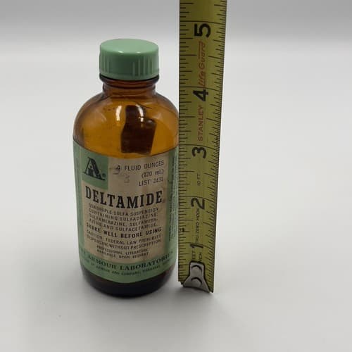 Vintage Bottle Amber Pharmacy DELTAMIDE Sulfadiazine The Armour labs EMPTY - Thumbnail 2