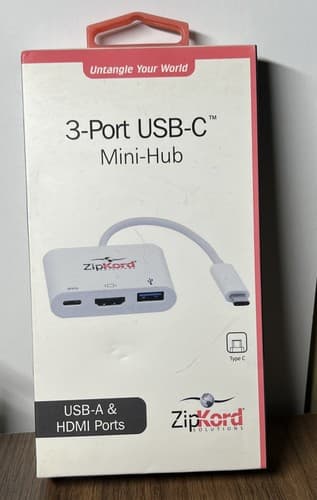 ZipKord 3-Port USB-C Mini-Hub with HDMI and USB 3.1 for Type C Devices - White