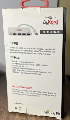 ZipKord 5-Port USB-C Mini-Hub USB 3.1 for Type C Devices - White - Thumbnail 2