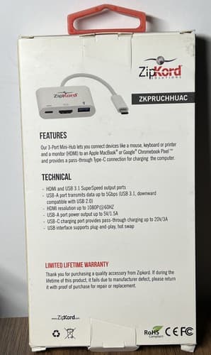 ZipKord 3-Port USB-C Mini-Hub with HDMI and USB 3.1 for Type C Devices - White - Thumbnail 2