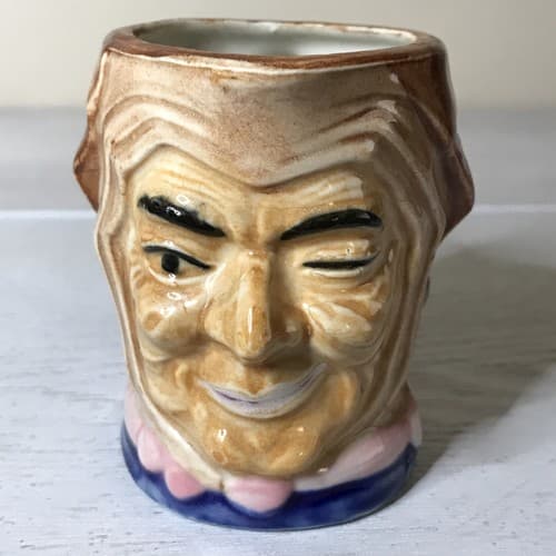 Vintage Japan Ceramic Toby Jug Mug Granny Old Lady Winking 3" Tall