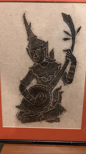 Vintage Framed Original Thai Temple Rubbing of Musician on Rice Paper - Thumbnail 2