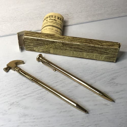 VINTAGE BRADLEY WRITING INSTRUMENT GOLD TONE PEN SET HAMMER & NAIL IN BOX