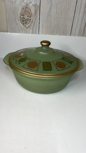 Rare Fire King MCM 2qt glazed covered casserole by Cera avocado gold 1950's-60's - Thumbnail 2
