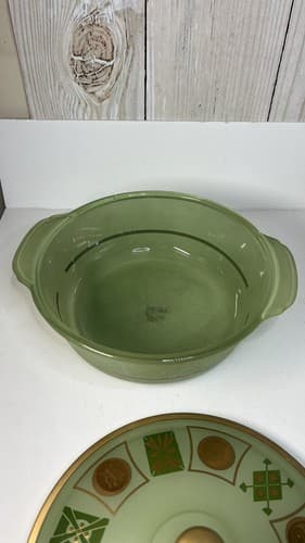 Rare Fire King MCM 2qt glazed covered casserole by Cera avocado gold 1950's-60's - Thumbnail 3