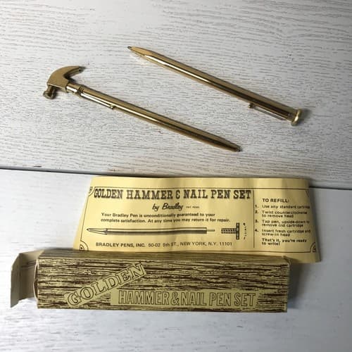 VINTAGE BRADLEY WRITING INSTRUMENT GOLD TONE PEN SET HAMMER & NAIL IN BOX - Thumbnail 4