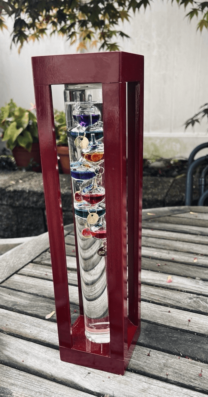 Galileo Glass Thermometer In Wood Frame 7 Colored Glass Spheres 14.5” Tall - Thumbnail 2