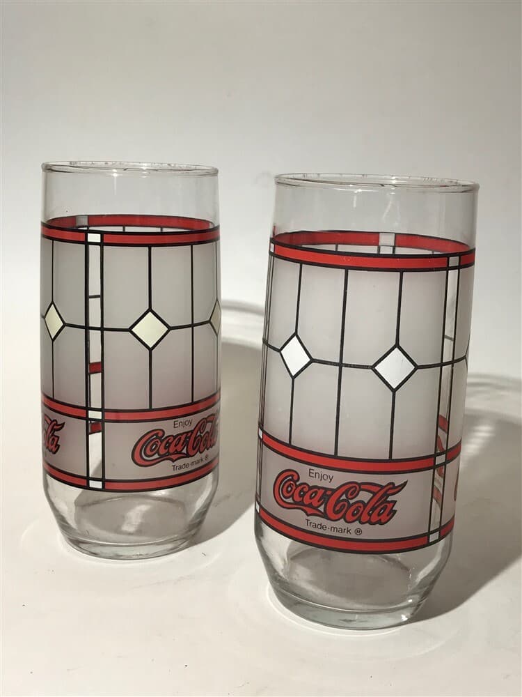 2 Coca Cola Drinking Glass VINTAGE TIFFANY STYLE Coke FROSTED STAINED GLASS