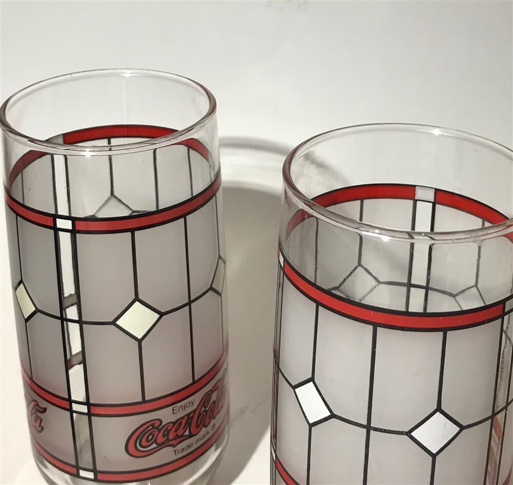 2 Coca Cola Drinking Glass VINTAGE TIFFANY STYLE Coke FROSTED STAINED GLASS - Thumbnail 2
