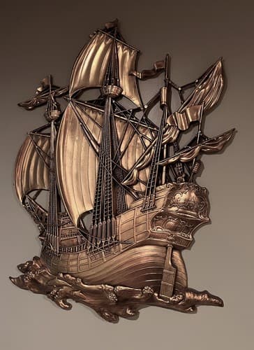 Vintage 1958 Dart Industries #3663 Pirate Ship Shiny Gold Wall Art 28”x22" - Thumbnail 2