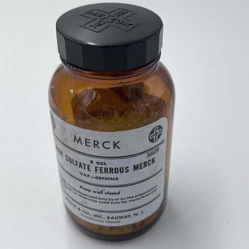 4.75" Merck Iron Sulfate Ferrous Antique Amber Apothecary Pharmacy Bottle