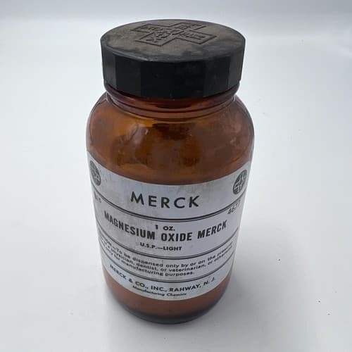 4.75" Merck Magnesium Oxide Antique Amber Apothecary Pharmacy Dispensary Bottle