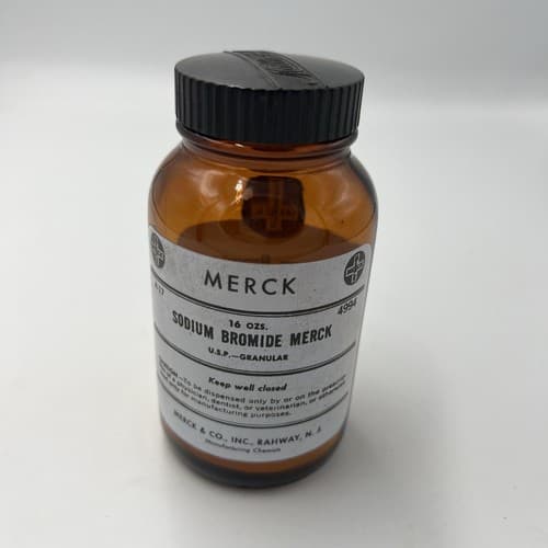 Merck Sodium Bromide Antique Amber Apothecary Pharmacy Medicine Bottle Empty - Thumbnail 2