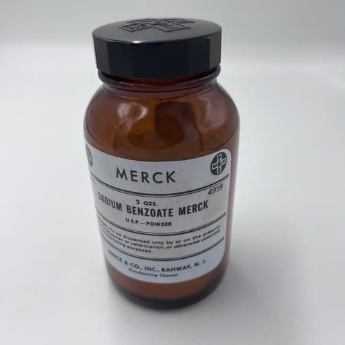 4.75" Merck Sodium Benzoate Antique Amber Apothecary Pharmacy Bottle EMPTY - Thumbnail 2
