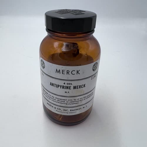 4.75" Merck Antipyrine Antique Amber Apothecary Pharmacy Bottle - Thumbnail 2
