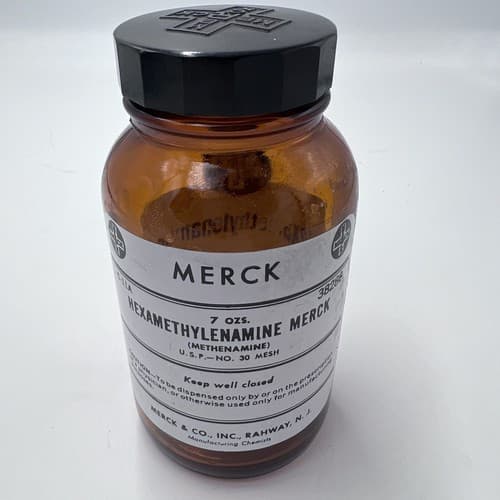 4.75" Merck Hexamethylenamine Antique Amber Apothecary Pharmacy Medicine Bottle - Thumbnail 2