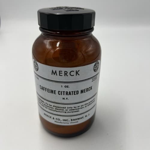 4.75" Merck Caffeine Citrated Antique Amber Apothecary Pharmacy Medicine Bottle - Thumbnail 2