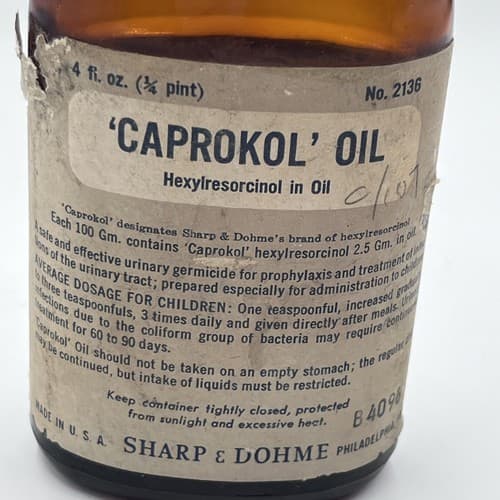 Vintage 1940's Sharp Dohme Medicine Bottle of Caprokol for Collection /Display - Thumbnail 2