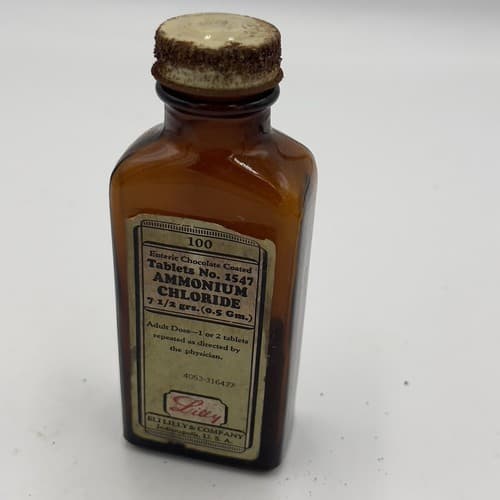 Vintage Eli Lilly Tablets No. 1547 Ammonium Chloride Pharmacy Bottle Amber Glass