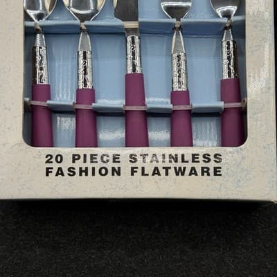 Vtg ECKO Stainless Flatware Combinations Sue Zipkin Retro 20 Set Purple Handle - Thumbnail 2