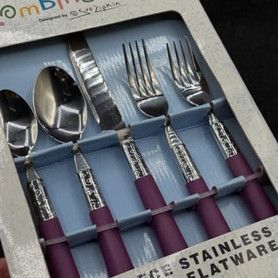 Vtg ECKO Stainless Flatware Combinations Sue Zipkin Retro 20 Set Purple Handle - Thumbnail 3
