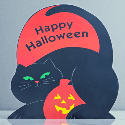 Vintage Halloween Black Cat Pumpkin Sign American Greetings 13x11 Inch Decor