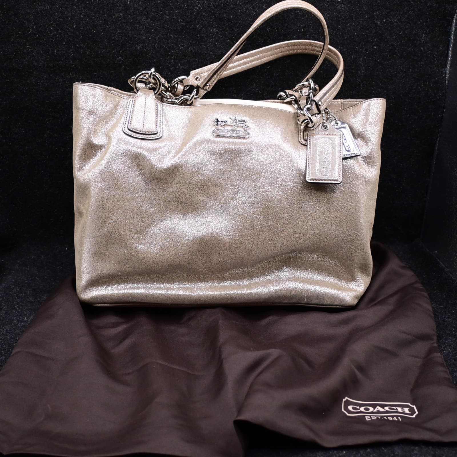 Coach Chelsea Platinum Metallic Gold Tote Bag Silver Chain Light Blue Lining