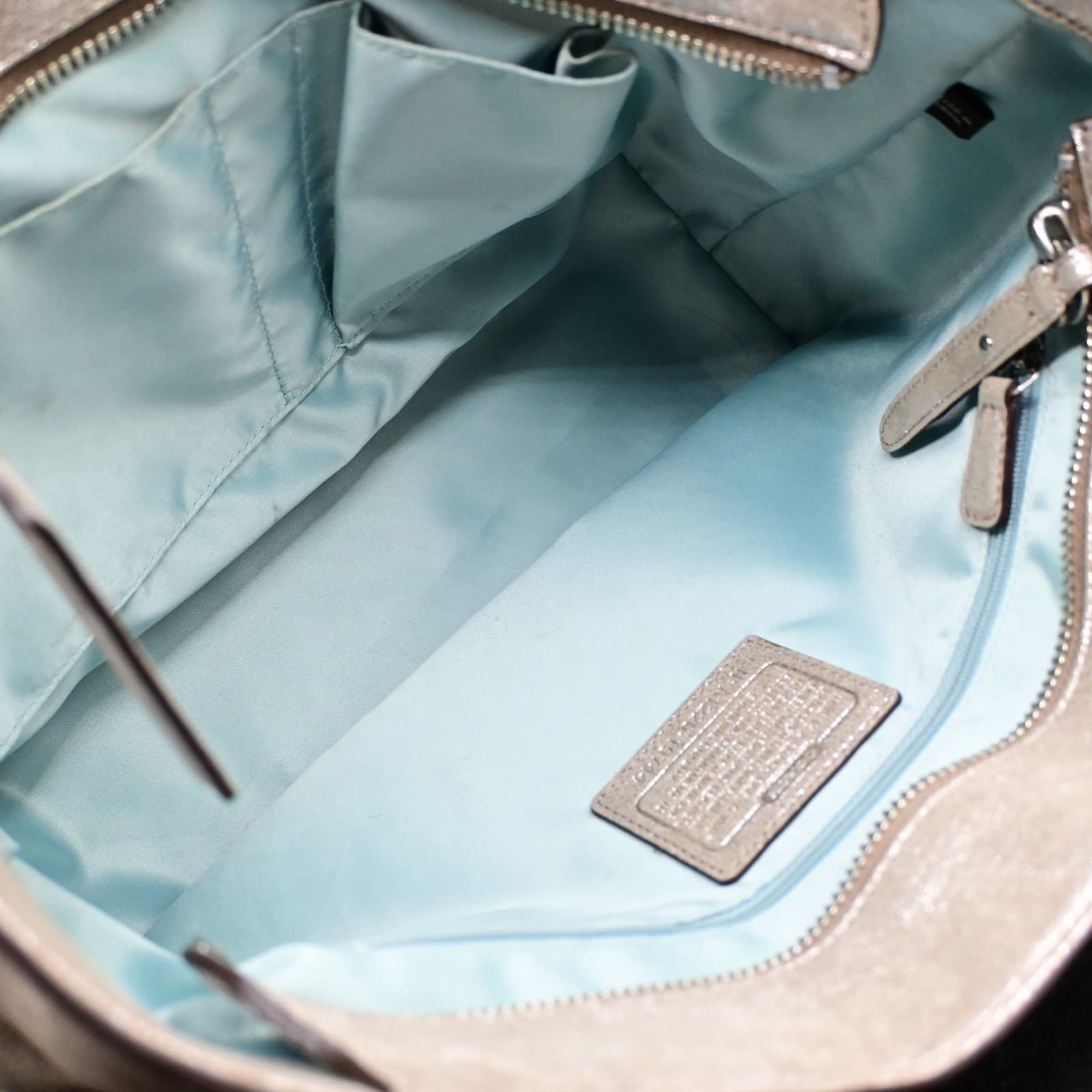 Coach Chelsea Platinum Metallic Gold Tote Bag Silver Chain Light Blue Lining - Thumbnail 11