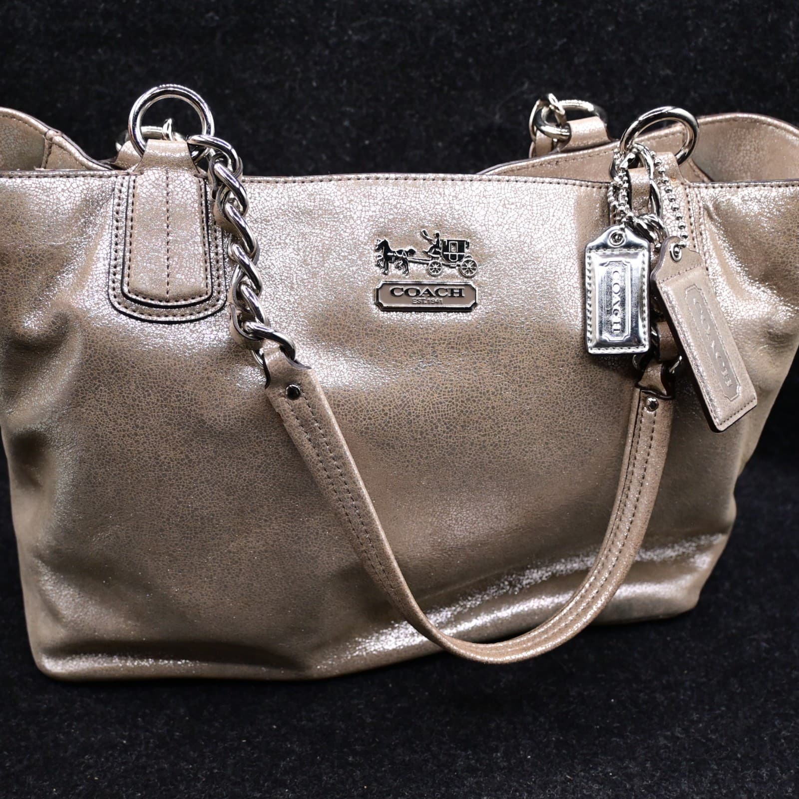 Coach Chelsea Platinum Metallic Gold Tote Bag Silver Chain Light Blue Lining - Thumbnail 2