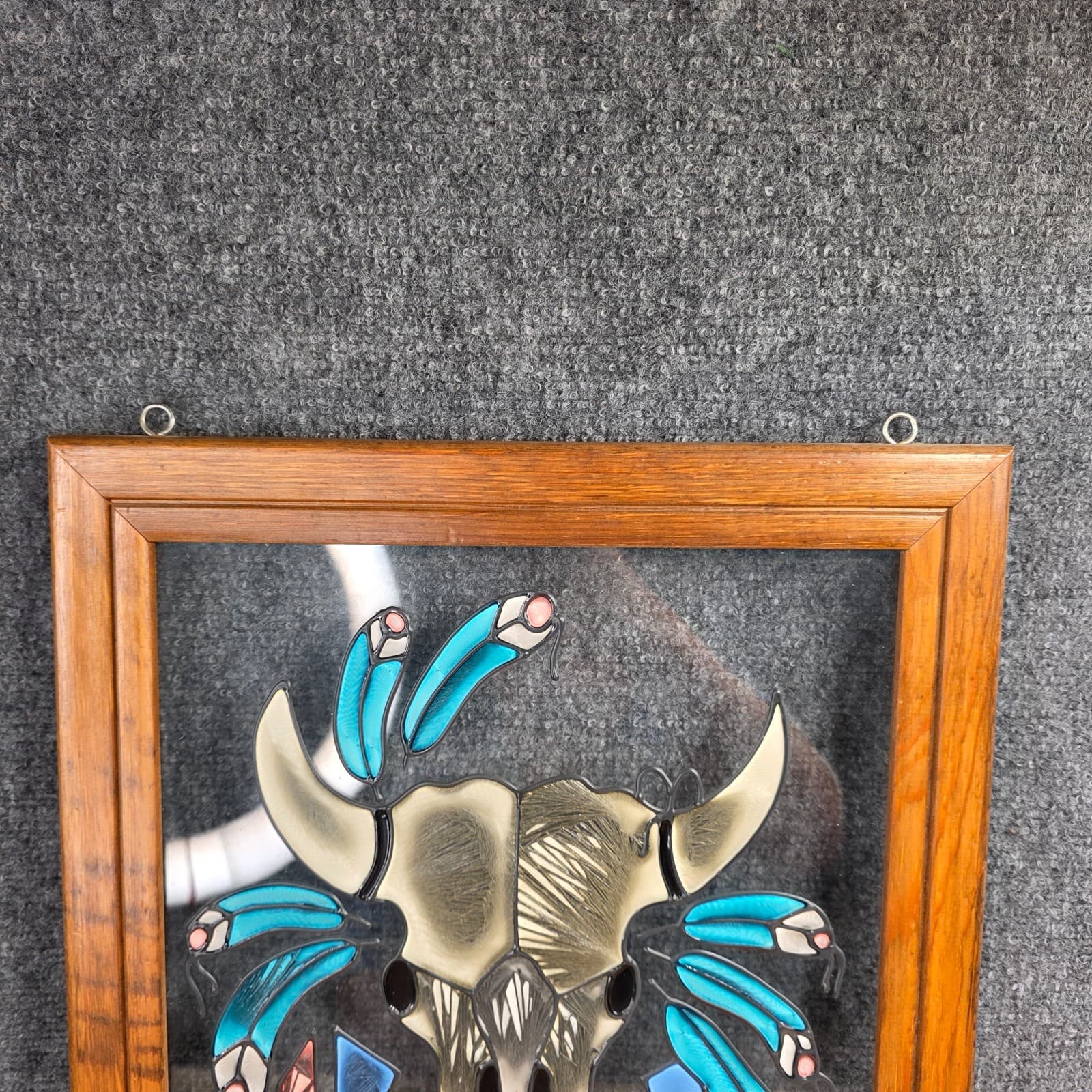 Vtg Glass Window Bull Skull Painting Wall Hanging Art Suncatcher Southwest Decor - Thumbnail 8